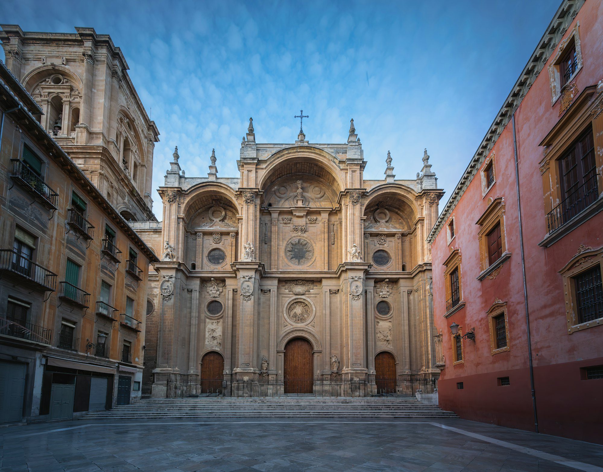 granada cathedral facade at plaza de las paciegas at sunset granada andalusia spain