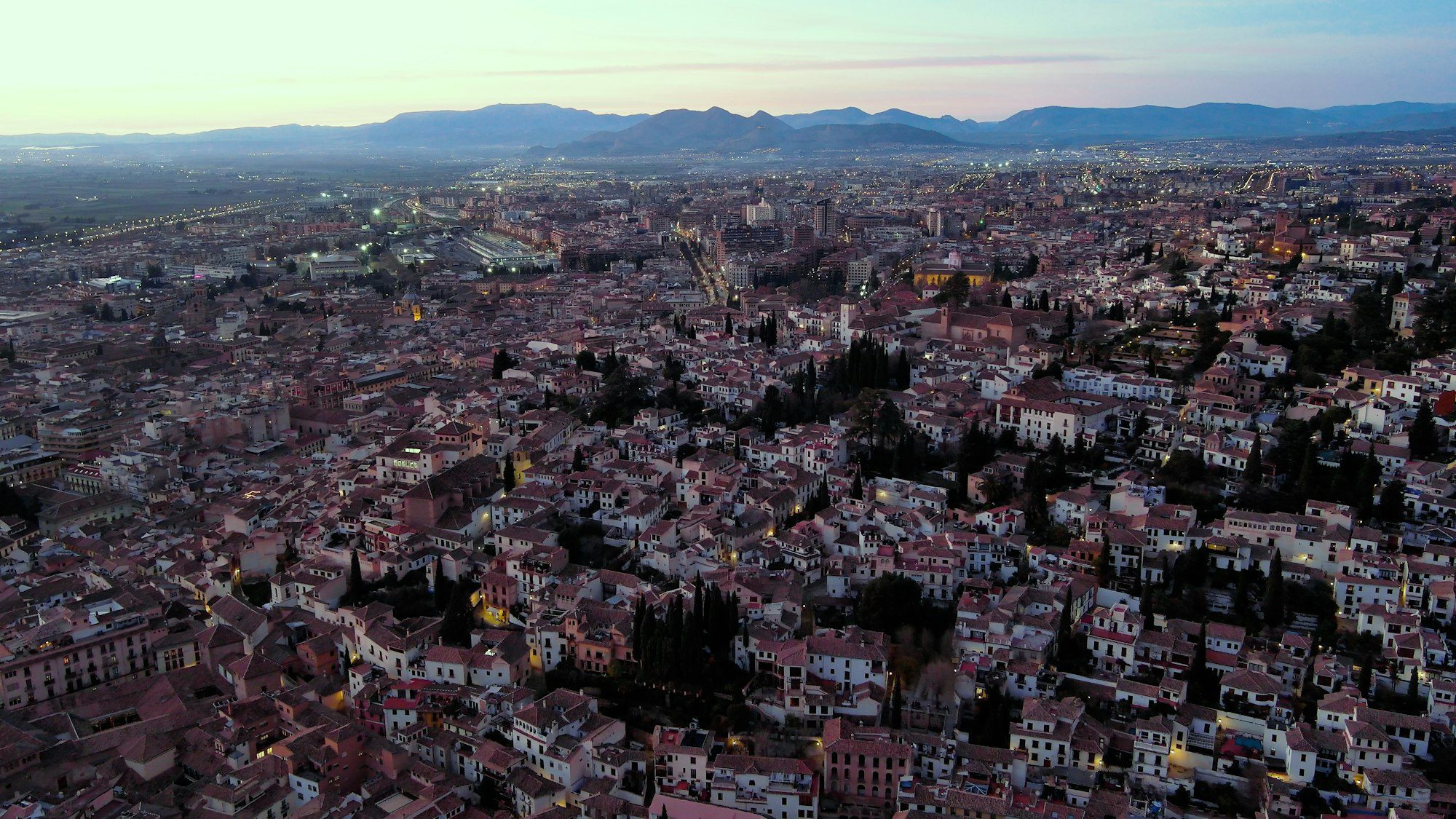 aerial view of granada city albaicin district at dusk old moorish quarter of the city